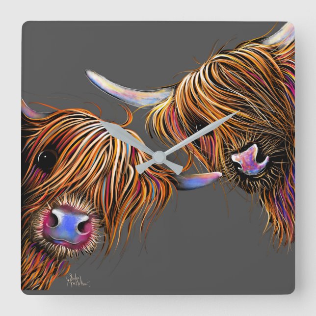Highland Cow Clock " S&N" von Shirley MacArthur Quadratische Wanduhr (Vorderseite)