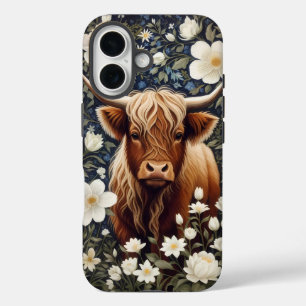 Highland Cow Elegant White Floral iPhone 16 Hülle