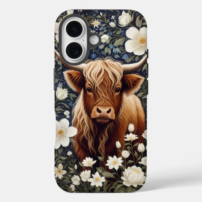 Highland Cow Elegant White Floral Case-Mate iPhone Hülle (Rückseite)