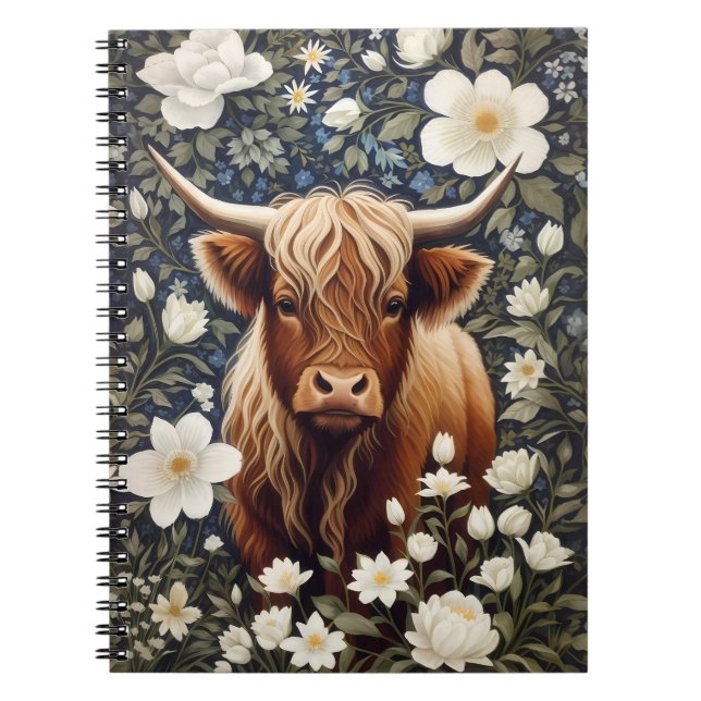 Highland Cow Elegant White Floral Notizblock (Vorderseite)