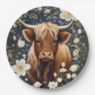 Highland Cow Elegant White Floral Pappteller