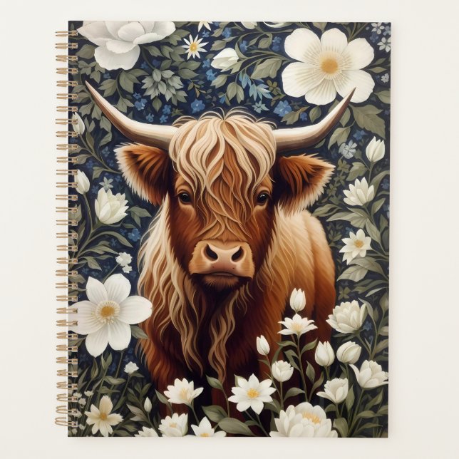Highland Cow Elegant White Floral Planer (Vorderseite)