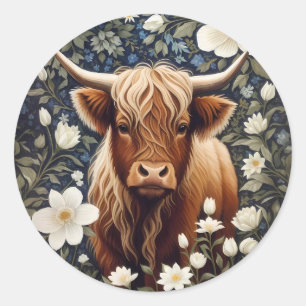 Highland Cow Elegant White Floral Runder Aufkleber