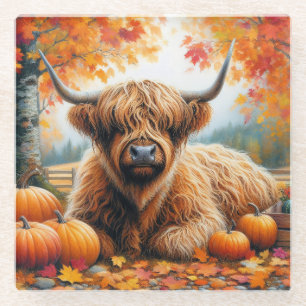 Highland Cow Fall Pumpkins Wasserfarbe Glasuntersetzer