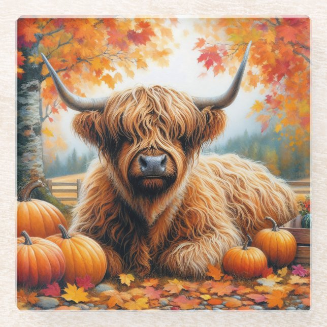 Highland Cow Fall Pumpkins Wasserfarbe Glasuntersetzer (Vorderseite)