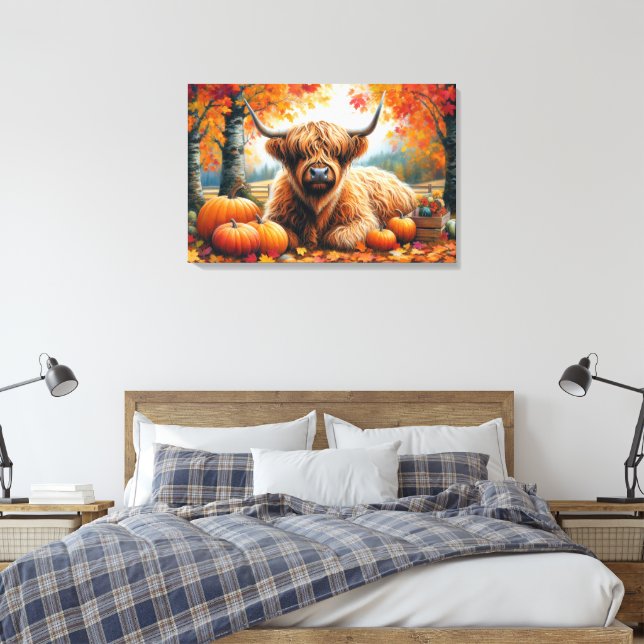 Highland Cow Fall Pumpkins Wasserfarbe Leinwanddruck (Insitu (Schlafzimmer))