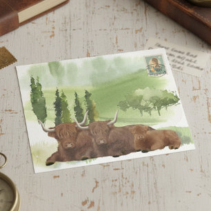  Highland Cow Familie Wasserfarben Schottland Postkarte