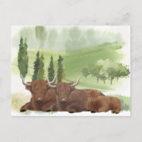 Highland Cow Family Watercolor Schottland