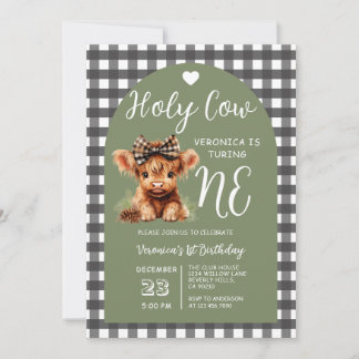 Highland Cow First Birthday Girl Gingham Party Einladung