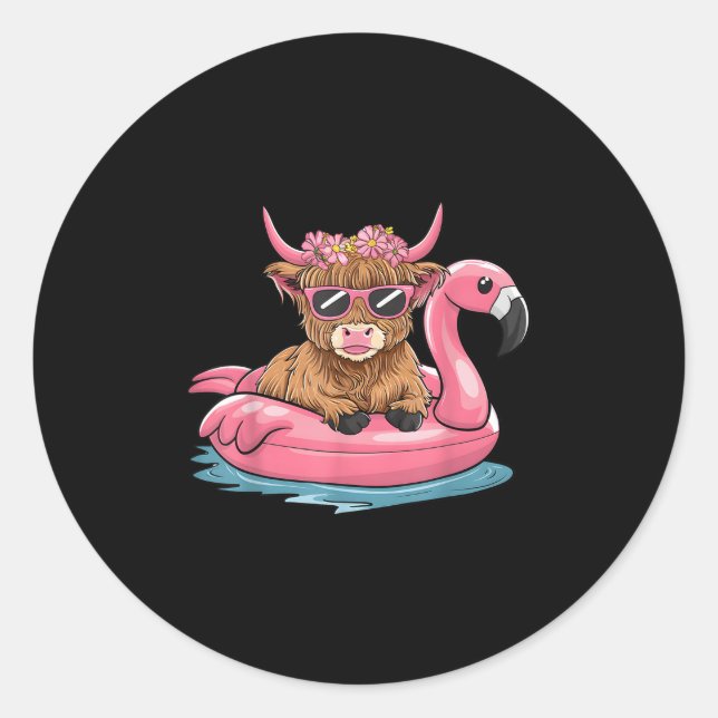 Highland Cow Flamingo Floatie Weihnachten im Juli  Runder Aufkleber (Vorderseite)