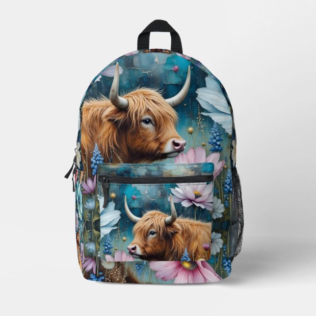Highland Cow Floral Colorful Cosmos Tapestry Bedruckter Rucksack (Vorderseite)