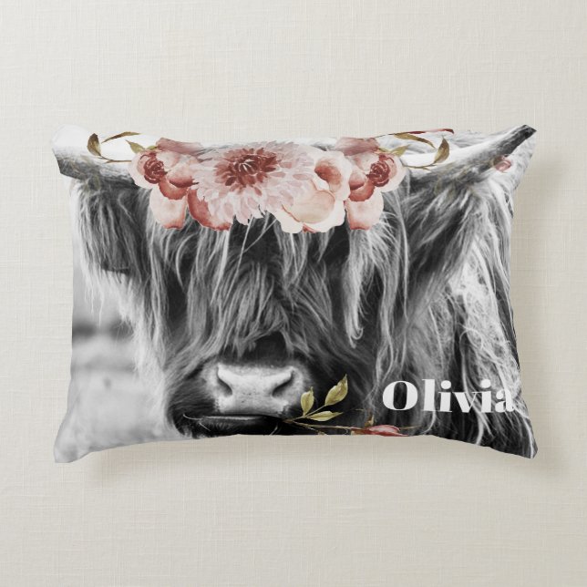 Highland Cow Floral | Western Cowgirl Kinder Name Dekokissen (Vorderseite)