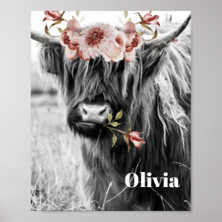 Highland Cow Floral | Western Cowgirl Kinder Name Poster