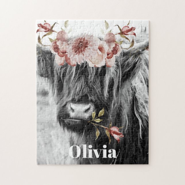 Highland Cow Floral | Western Cowgirl Kinder Name Puzzle (Vertikal)