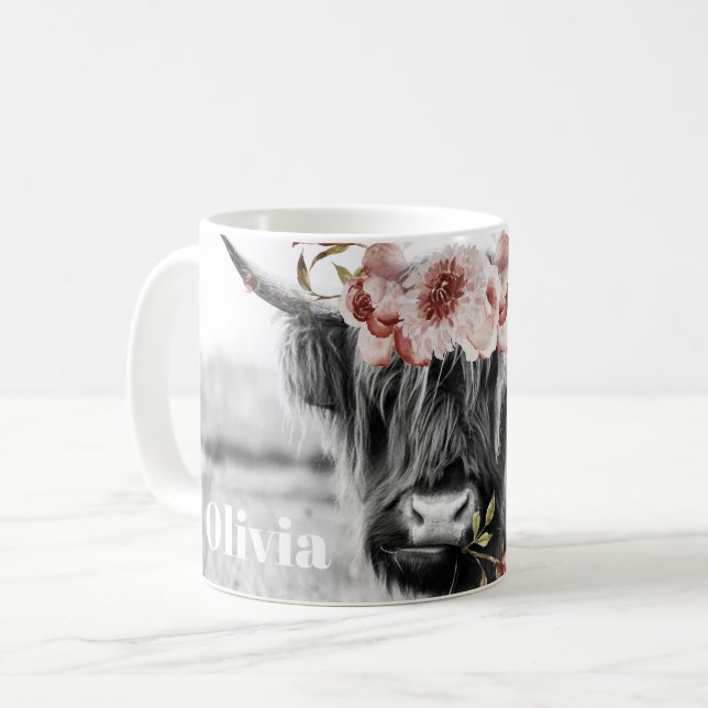 Highland Cow Floral | Western Cowgirl Name Kaffeetasse (Vorderseite Links)