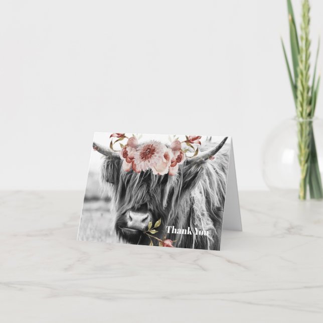 Highland Cow Floral | Western Cowgirl Personalisie Dankeskarte (Vorderseite)