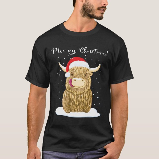 Highland Cow Frohe Weihnachtsschnee T-Shirt (Vorderseite)
