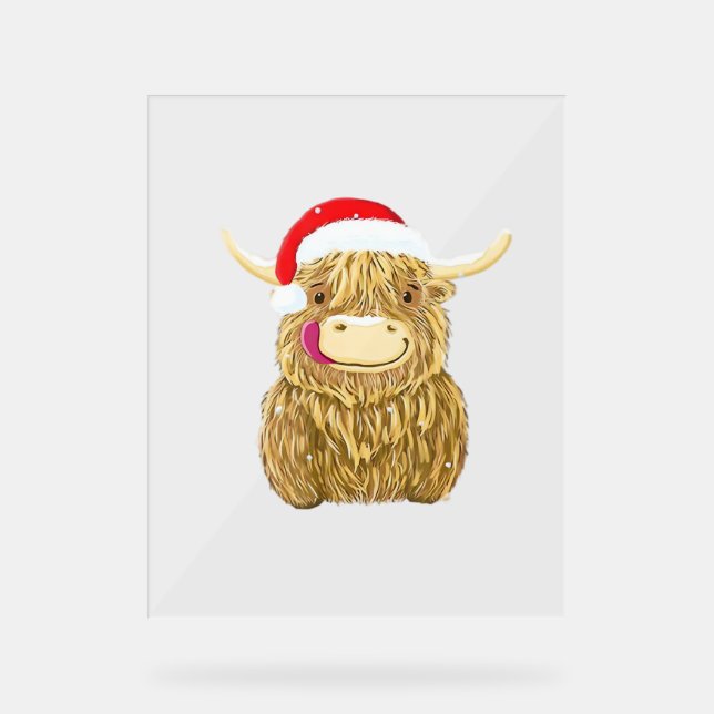 Highland Cow Frohe Weihnachtsschnee T - Shirt Esse Acrylschild (Vorderseite)
