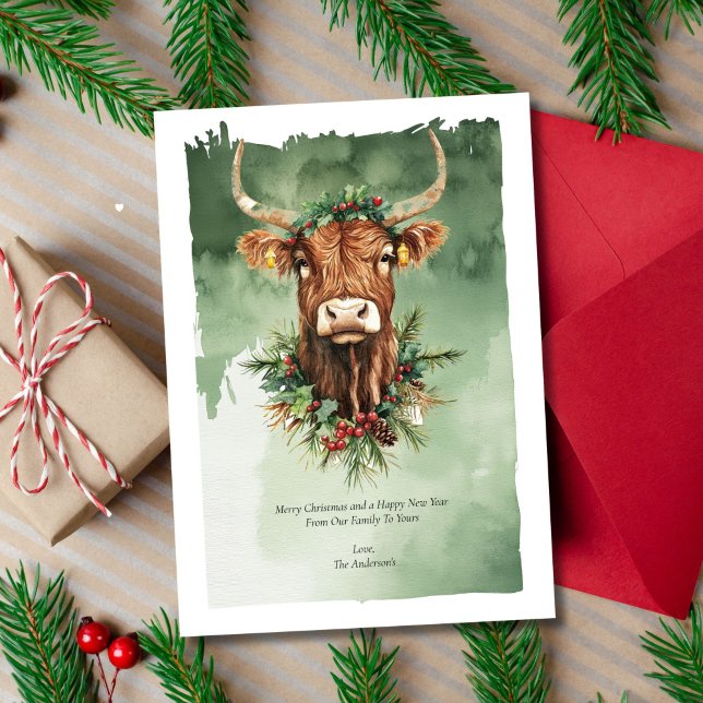 Highland Cow Funny Niedlich Watercolor Weihnachten (Highland Cow Funny Cute Christmas Holiday Card. Digital Download or Printed)