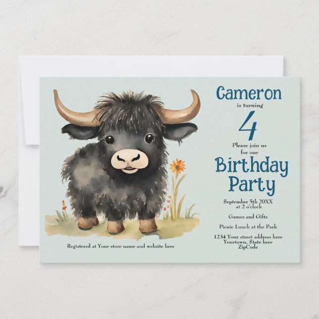Highland Cow Gender Neutral Birthday Party Einladung (Vorderseite)