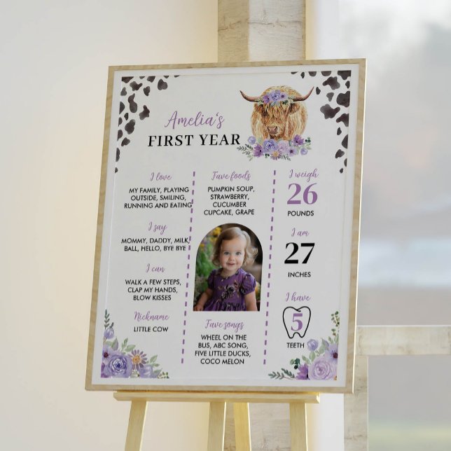Highland Cow Girl First Birthday Milestone Zeichen Poster (Von Creator hochgeladen)