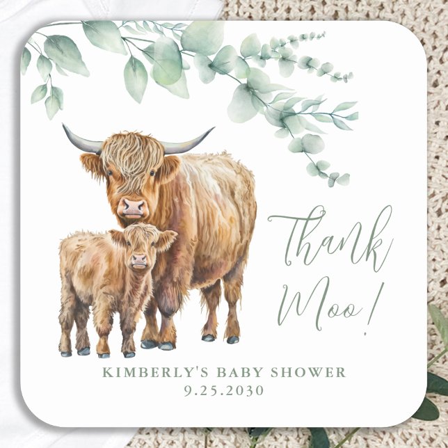 Highland Cow Greenery Baby Shower Vielen Dank Quadratischer Aufkleber (Von Creator hochgeladen)