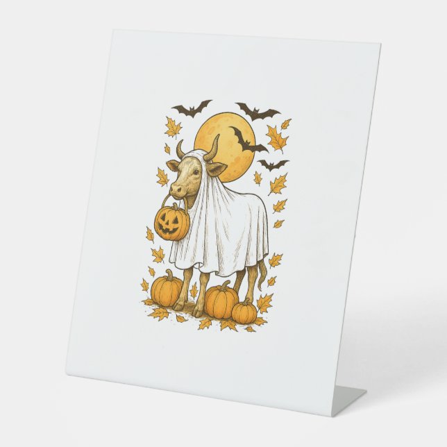 Highland Cow Halloween in Ghost-Kostüm Sockelschild (Vorderseite)