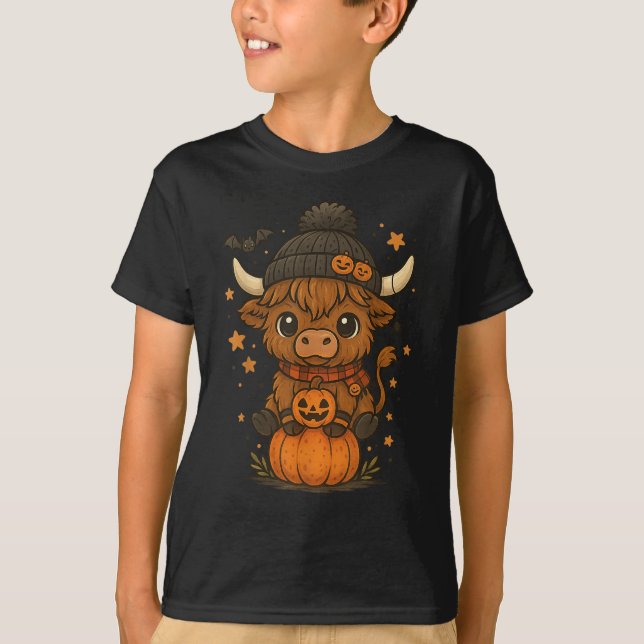 Highland Cow Halloween Niedlich Pumpkin T-Shirt (Vorderseite)