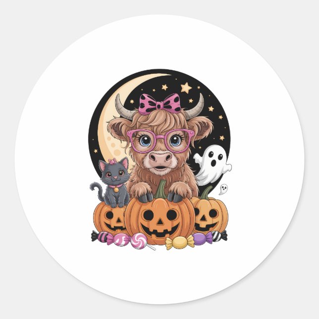 Highland Cow Halloween Spooky Saison Runder Aufkleber (Vorderseite)