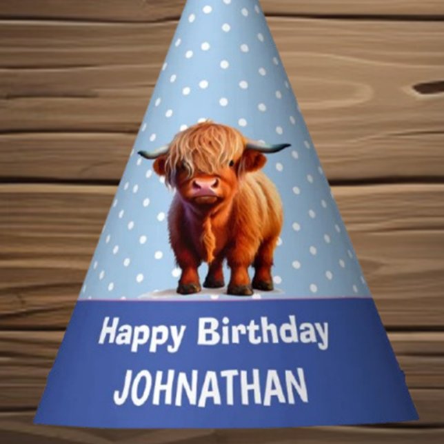 Highland Cow Happy Birthday Blue Party Hat Partyhütchen (Celebrate with a smile! Send warm birthday wishes featuring a charming Highland Cow in a blue party )