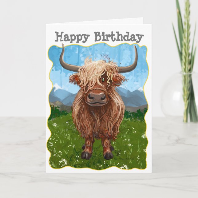 Highland Cow Happy Birthday Karte (Vorderseite)