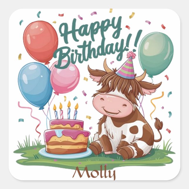 Highland Cow Happy Birthday Quadratischer Aufkleber (Vorderseite)