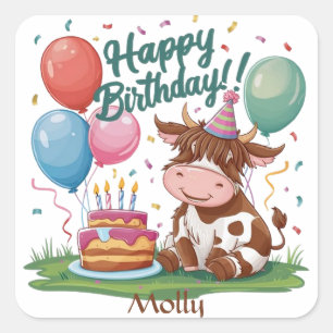 Highland Cow Happy Birthday Quadratischer Aufkleber