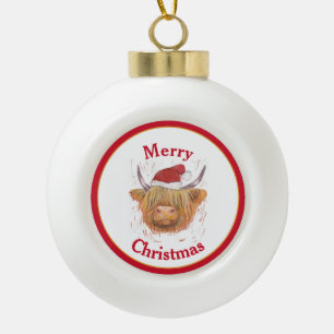Highland Cow Hat Red Frame Frohe Weihnachten Keramik Kugel-Ornament