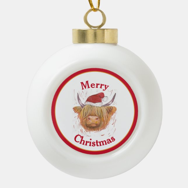 Highland Cow Hat Red Frame Frohe Weihnachten Keramik Kugel-Ornament (Vorderseite)