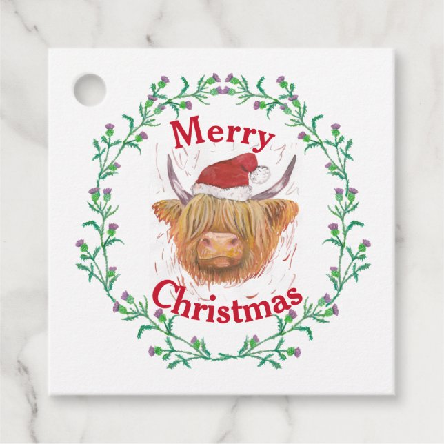 Highland Cow Hat Thistle Wreath Frohe WeihnachtsCl Geschenkanhänger (Vorderseite)