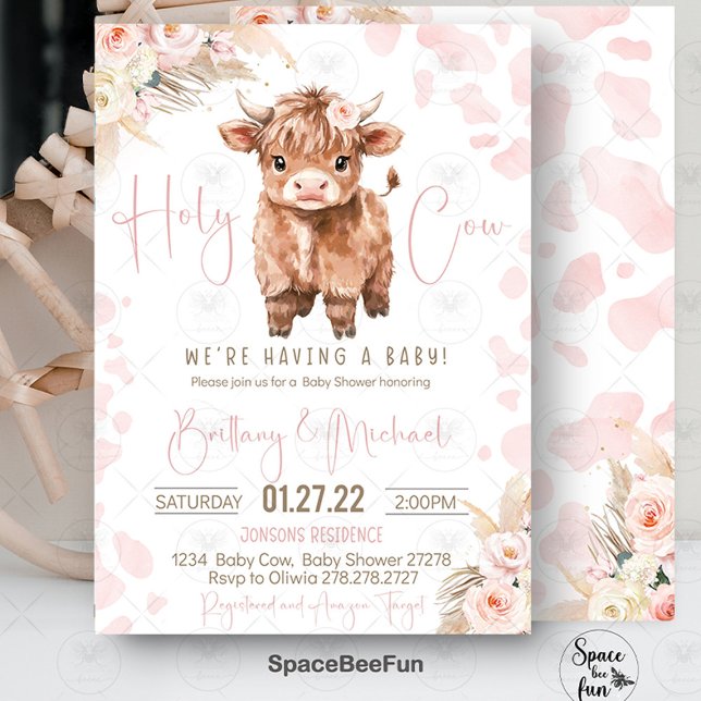 Highland Cow Holy Cow Baby Dusche Mädchen Einladung (highland cow baby shower, holy cow baby shower, baby shower invitation, girl baby shower, farm anima)