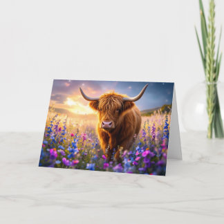 Highland Cow in a field of colorful flowers Dankeskarte