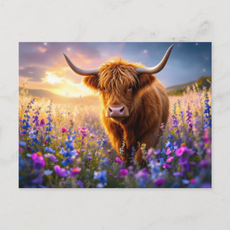 Highland Cow in a field of colorful flowers Postkarte