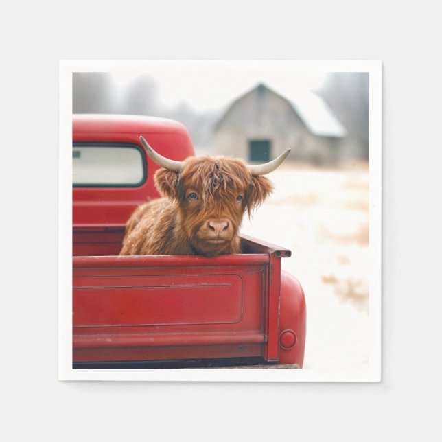 Highland Cow In a Red Retro Pickup Truck Serviette (Vorderseite)