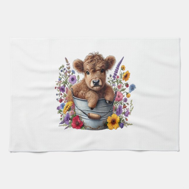 Highland Cow in Flower Bucket Png, Cute Geschirrtuch (Horizontal)