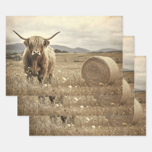 Highland Cow in Hay Field Decoupage Geschenkpapier Set