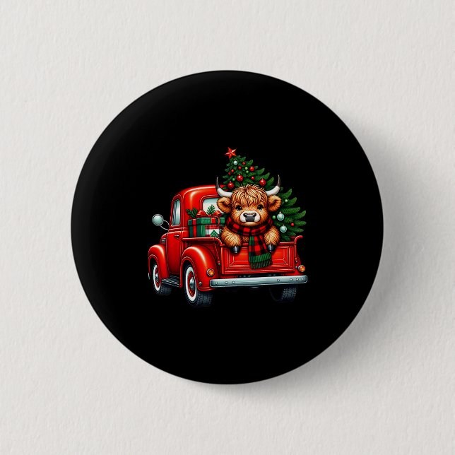 Highland Cow In Truck Farm Farmer Christmas Cow Ca Button (Vorderseite)