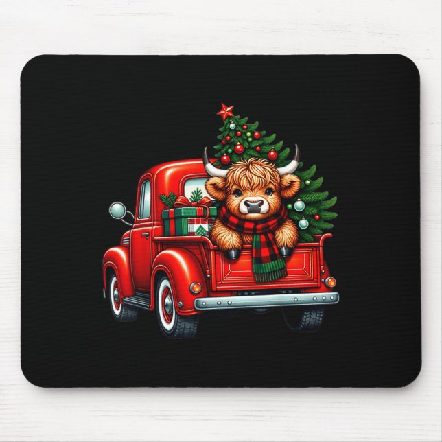 Highland Cow In Truck Farm Farmer Christmas Cow Ca Mousepad (Vorne)