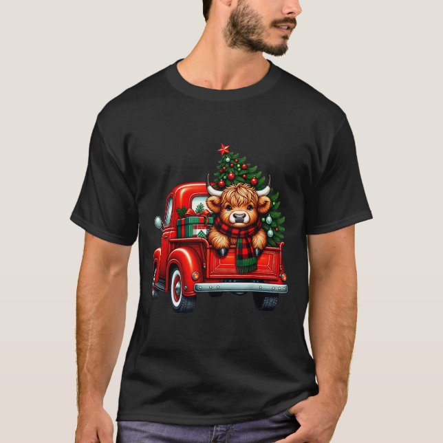 Highland Cow In Truck Farm Farmer Christmas Cow Ca T-Shirt (Vorderseite)