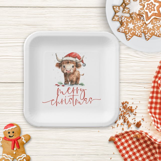 Highland Cow in Weihnachtsmannmütze Frohe Weihnach Pappteller (Von Creator hochgeladen)