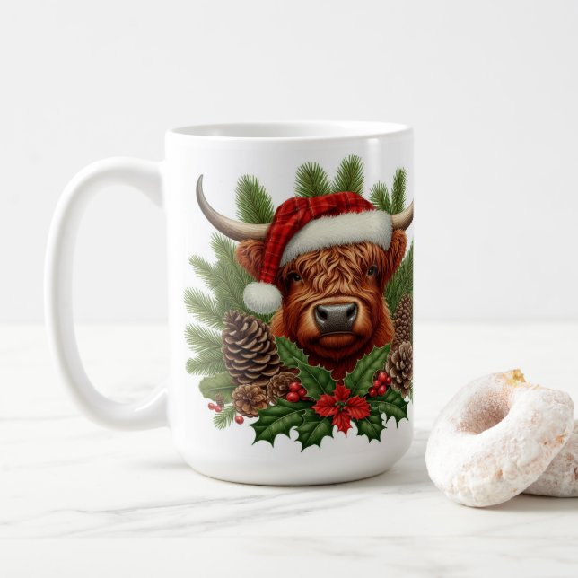Highland Cow in Weihnachtsmannmütze Weihnachten Pi Kaffeetasse (Mit Donut)