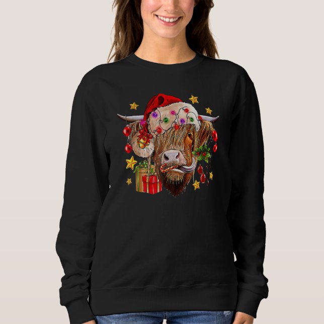 Highland Cow Joy Santa Hat Christmas Lights Wester Sweatshirt (Vorderseite)