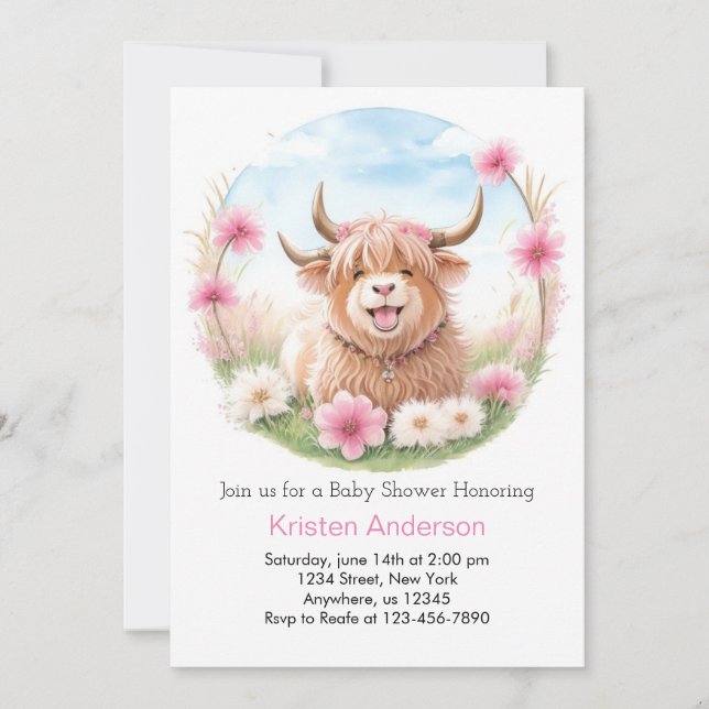 Highland Cow Meadow Whimsy Pink Girl Baby Dusche Einladung (Vorderseite)
