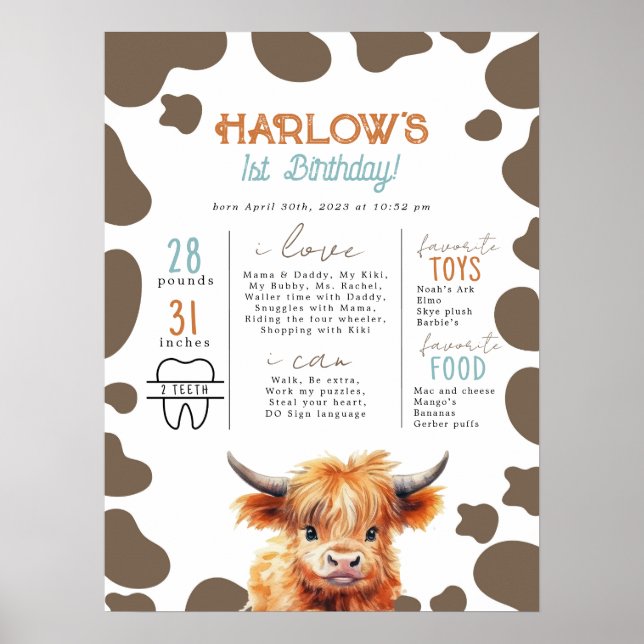Highland Cow mein erstes Rodeo-Meilenstein Geburts Poster (Vorne)